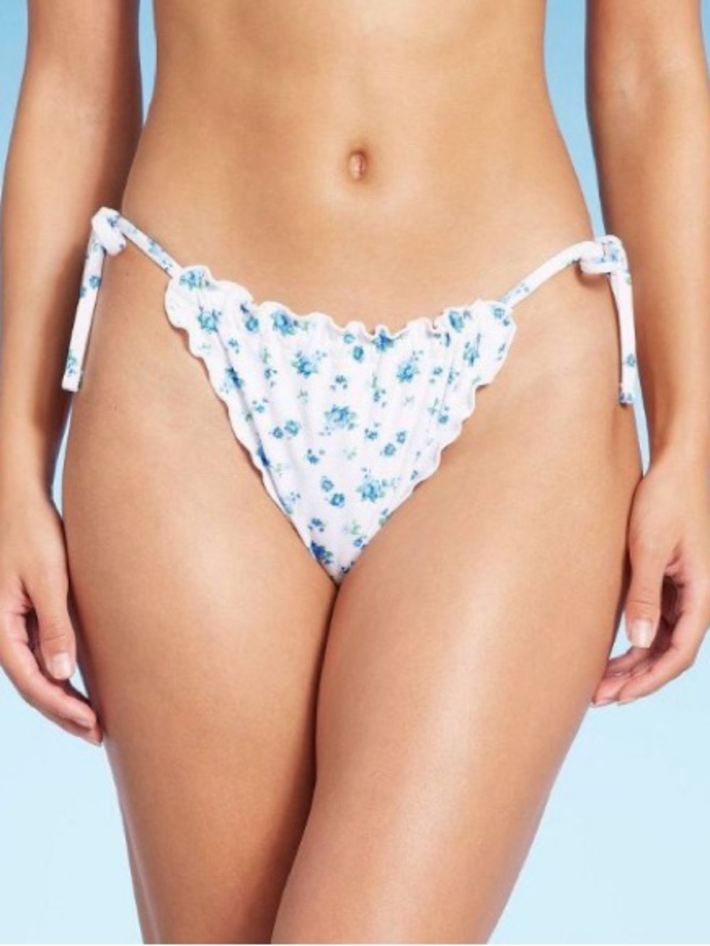 Wild Fable Blue White Floral Ruffle Side-Tie Bikini Bottom XS Adjustable Swim XS
